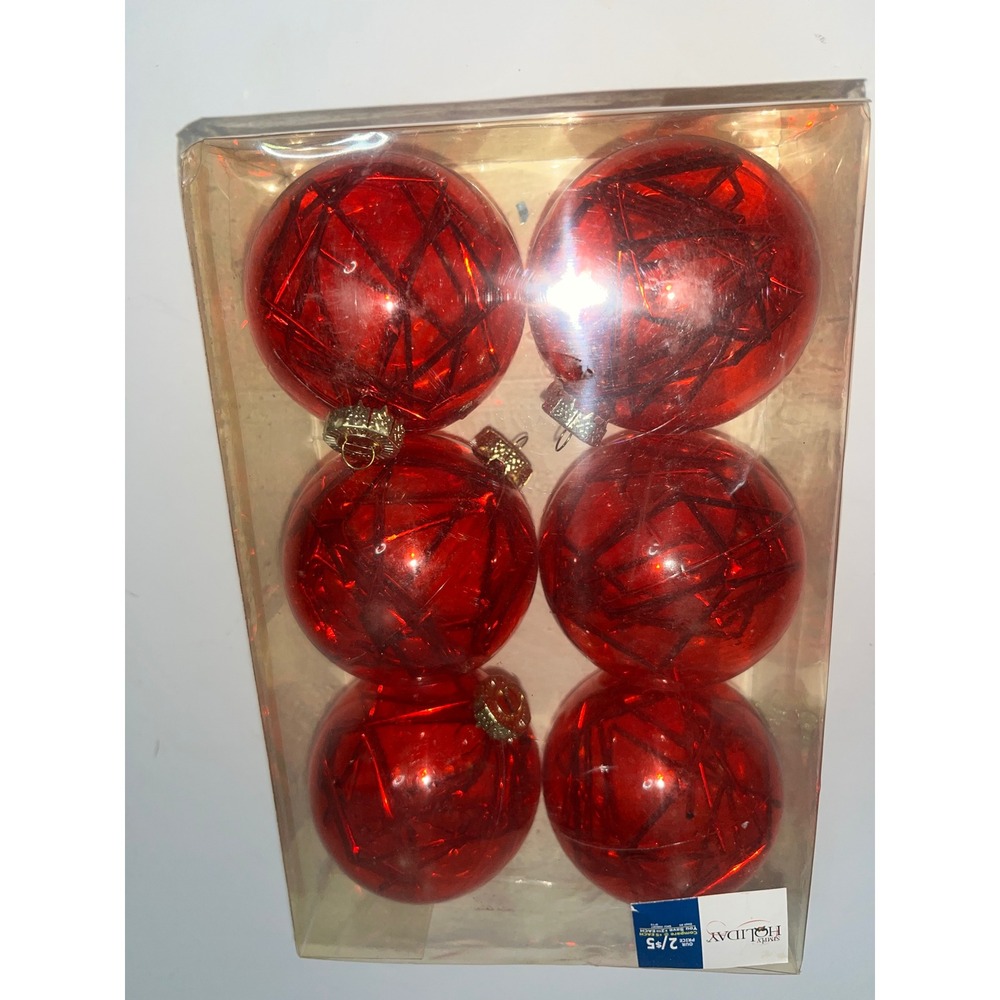 Simply Holiday Red Christmas Ball Ornaments Set of 6 Geometric Tinsel Fill